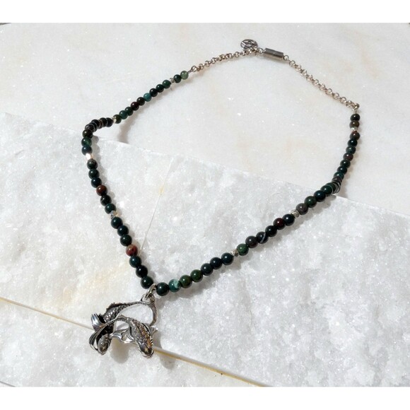 Sterling Silver Pisces Fish Bloodstone Beaded Pendant Necklace Pentagram - Picture 5 of 9